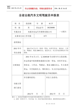 全省出租汽车文明驾驶员申报表