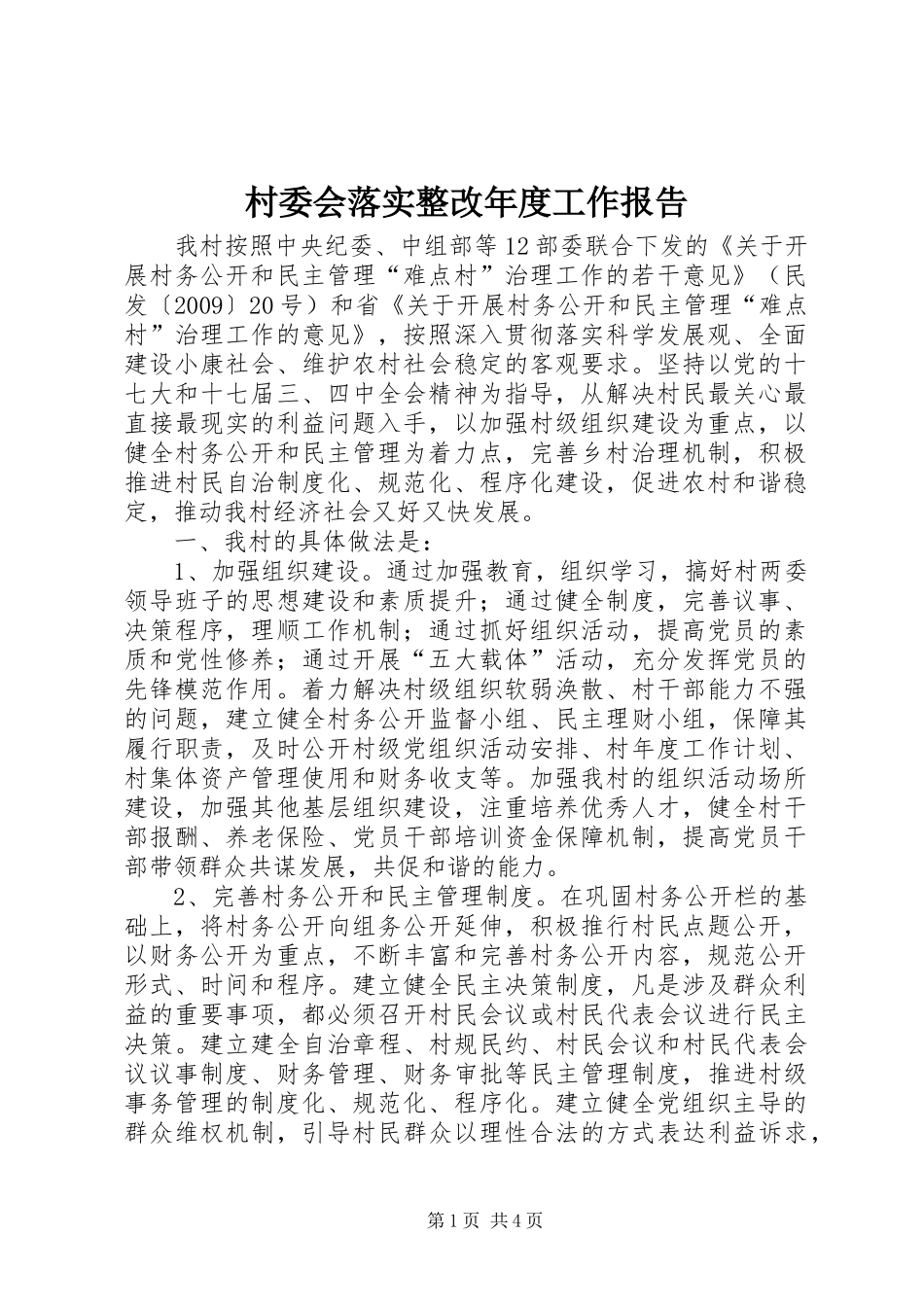 村委会落实整改年度工作报告_第1页