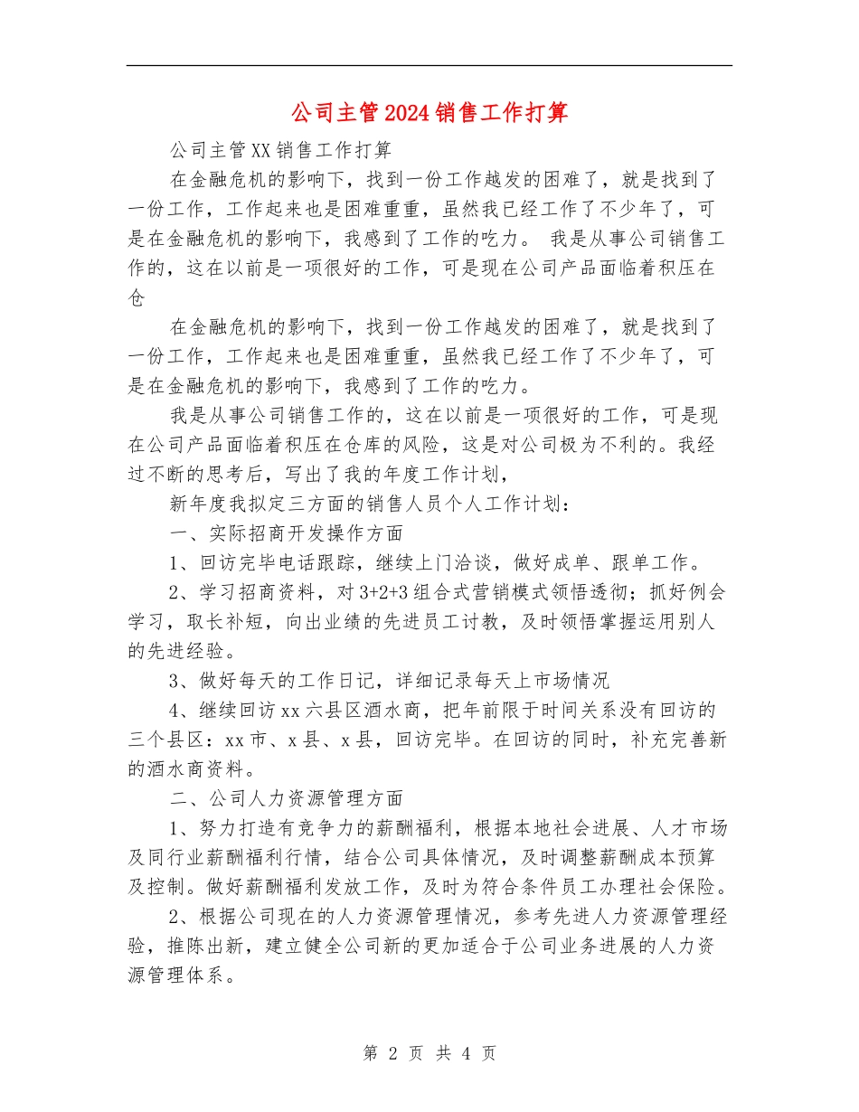 公司主管2024销售工作打算_第2页