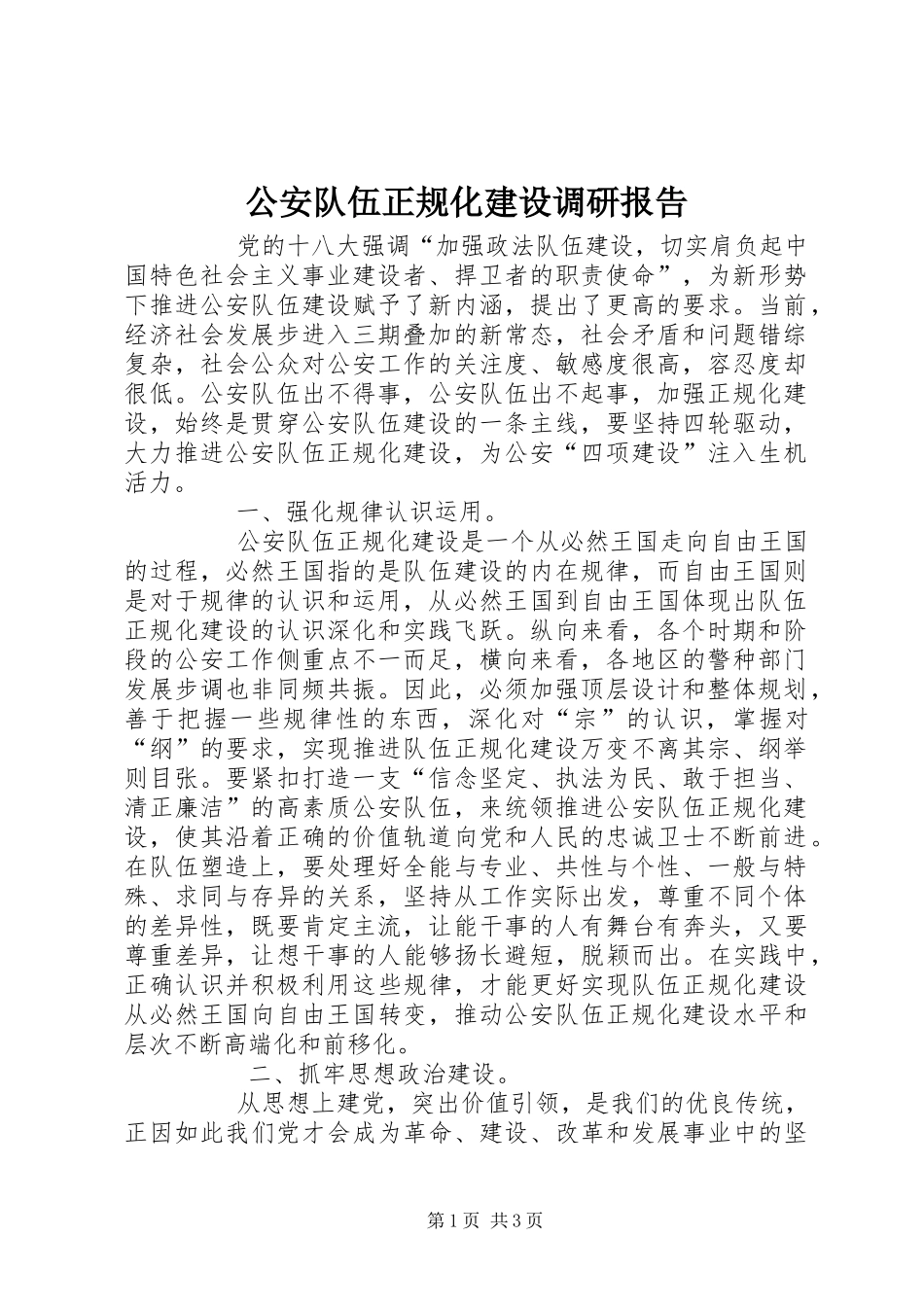 公安队伍正规化建设调研报告_第1页