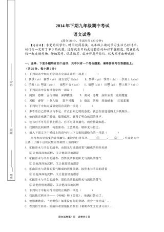 九年级上期期中语文试题及答案