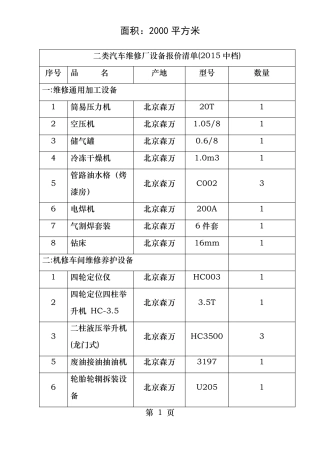 二类汽车维修厂设备报价清单