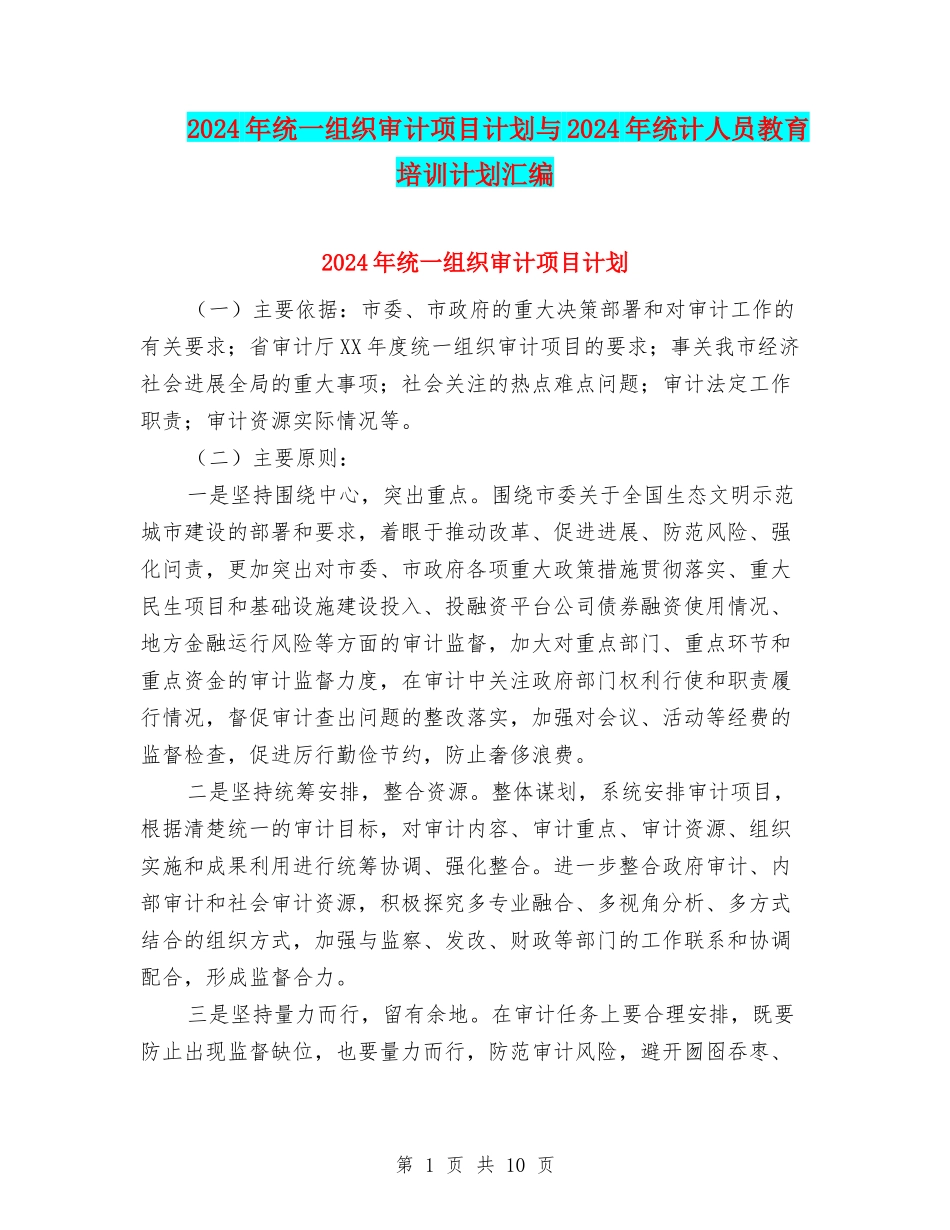 2024年统一组织审计项目计划与2024年统计人员教育培训计划汇编_第1页