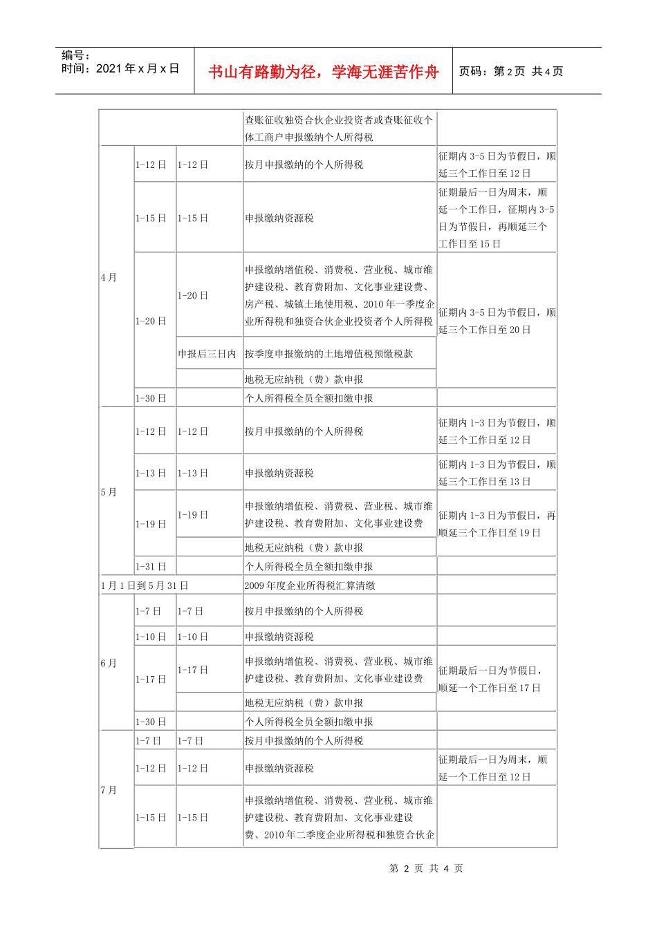 XXXX年度北京国税北京地税常用征期日历_第2页