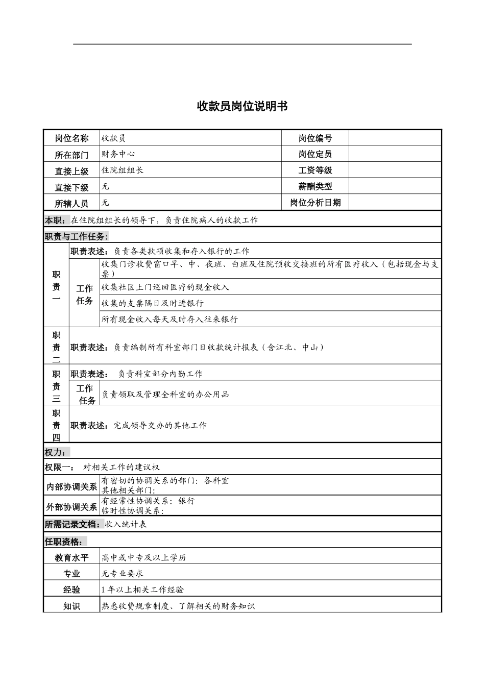 收款员岗位说明书_第1页