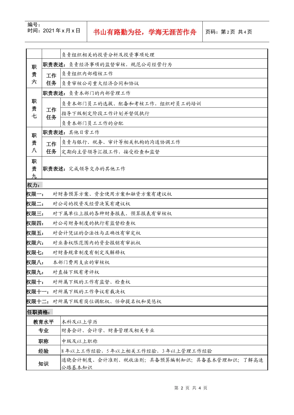 某高速公路公司财务资产部经理岗位说明书_第2页