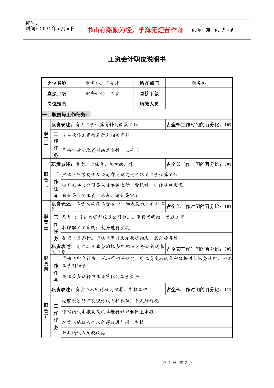 仪器生产企业工资会计职位说明书._第1页