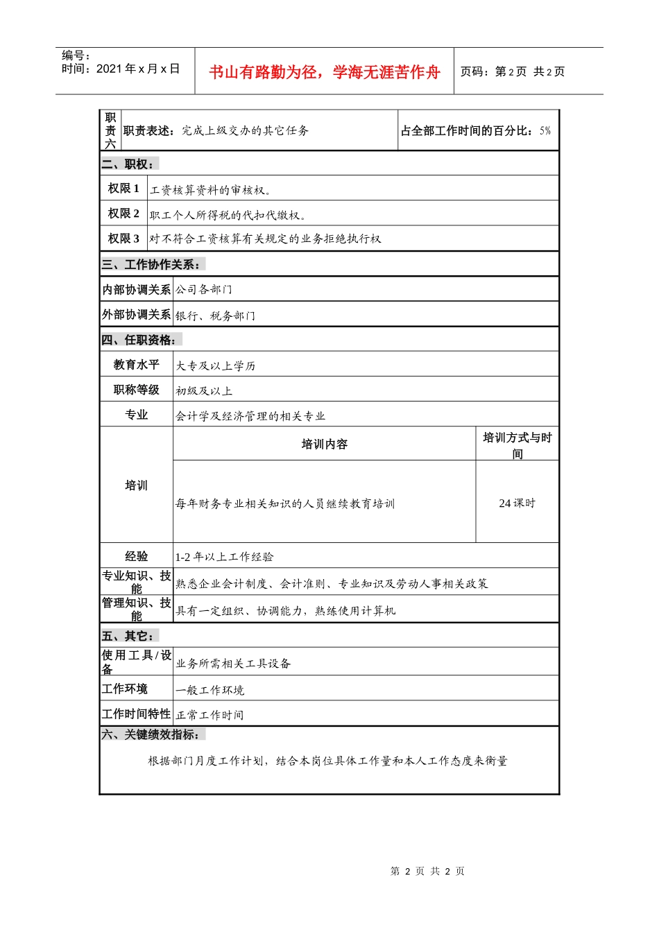 仪器生产企业工资会计职位说明书._第2页