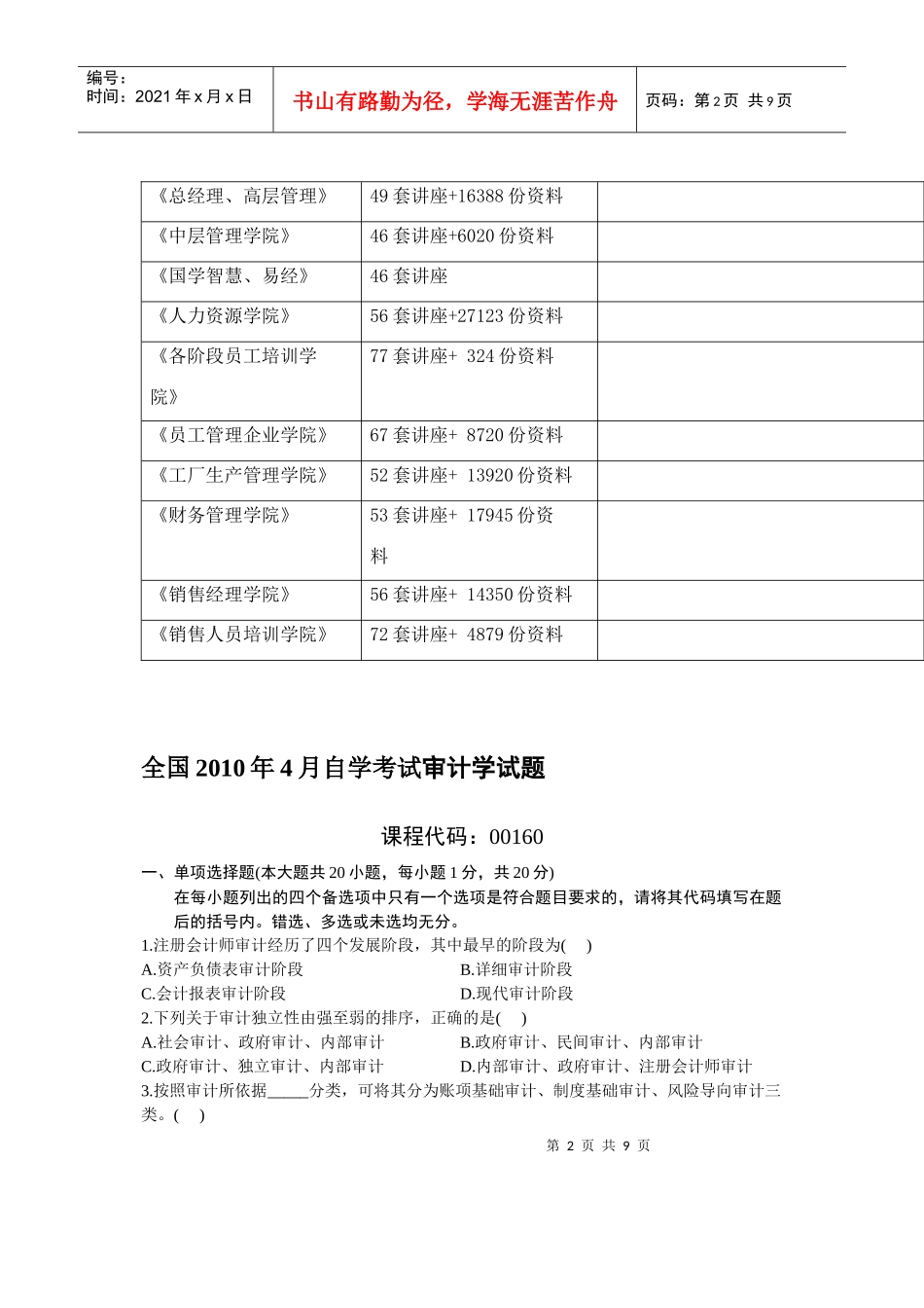 全国审计学自学考试试题_第2页