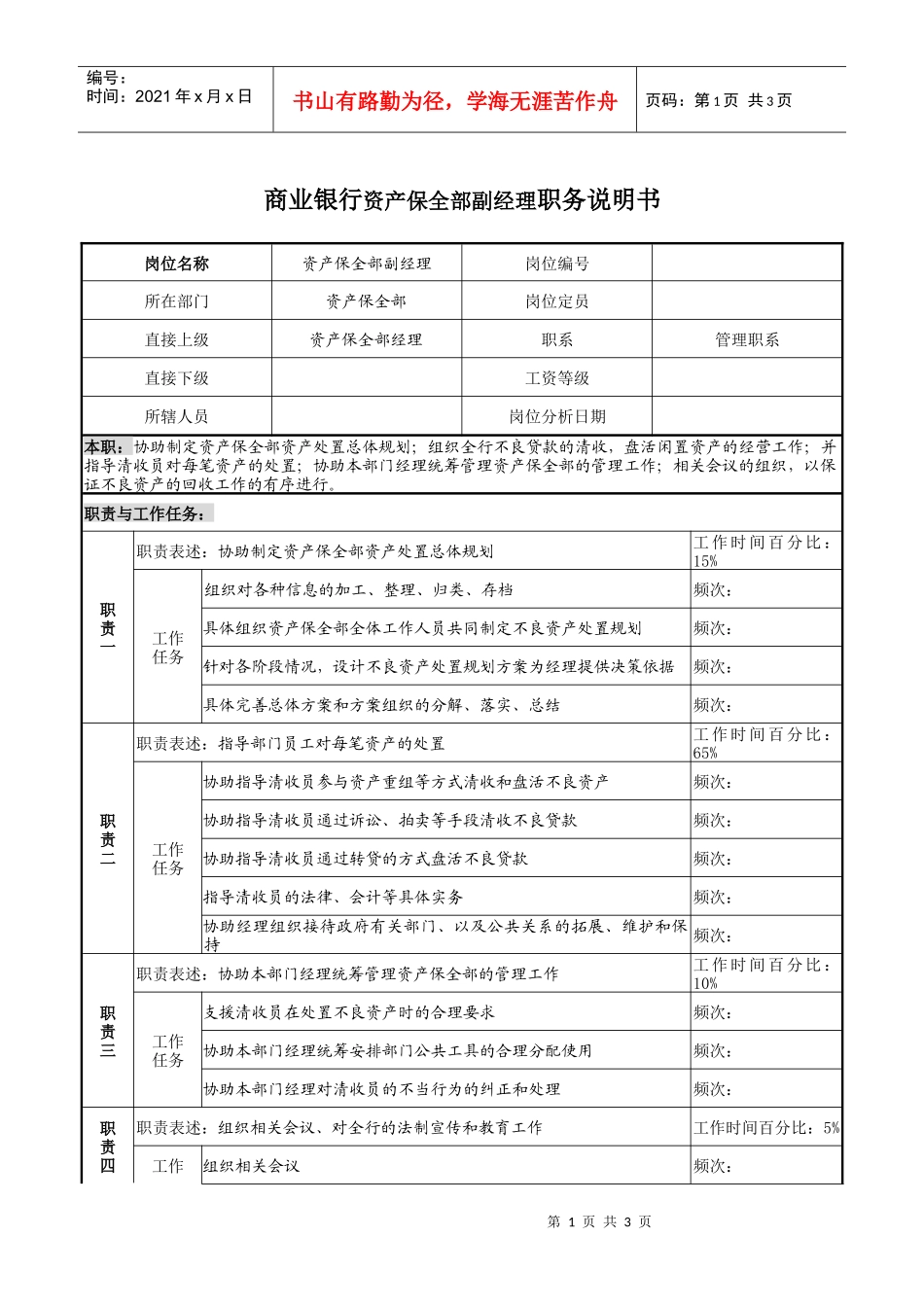 商业银行资产保全部副经理职务说明书_第1页