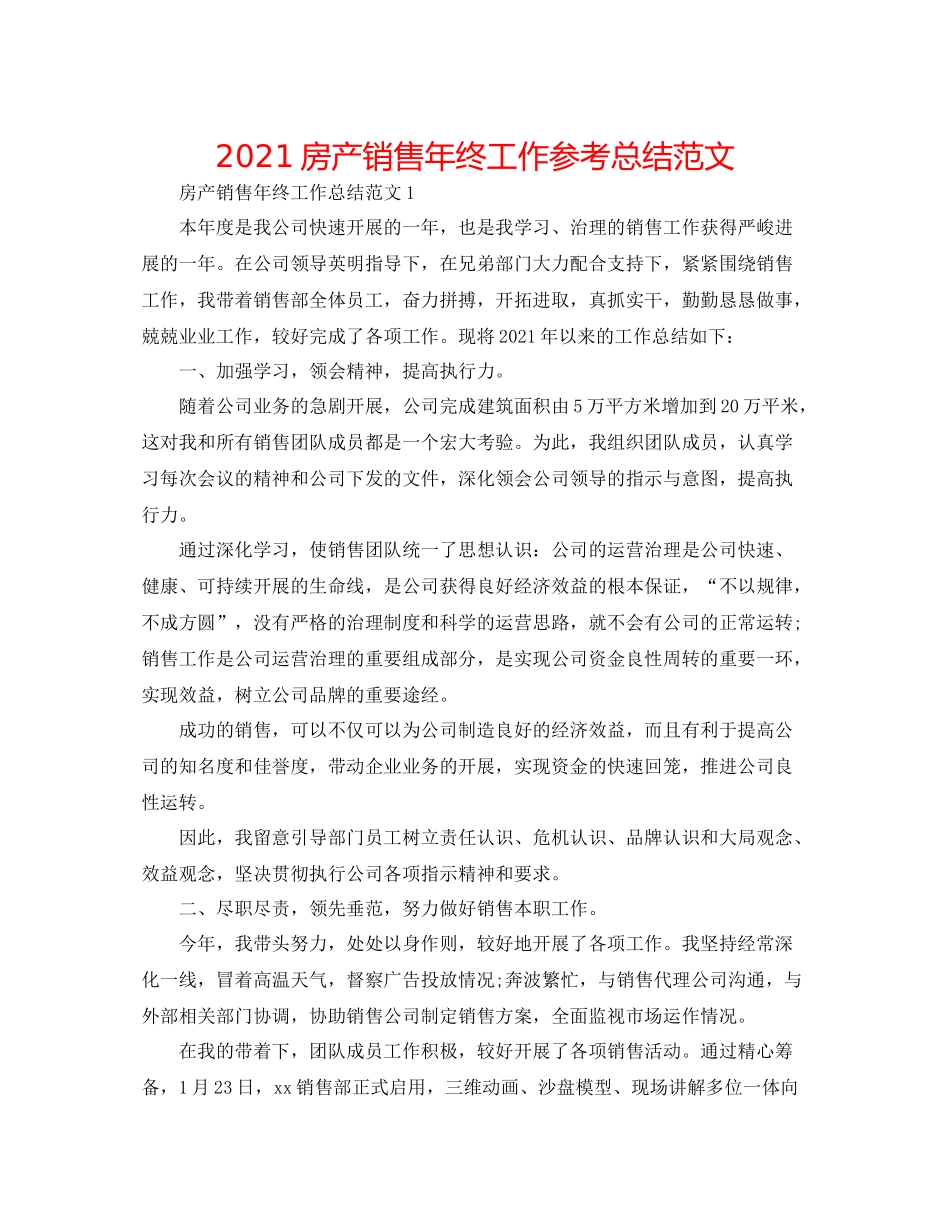 房产销售年终工作参考总结范文_第1页
