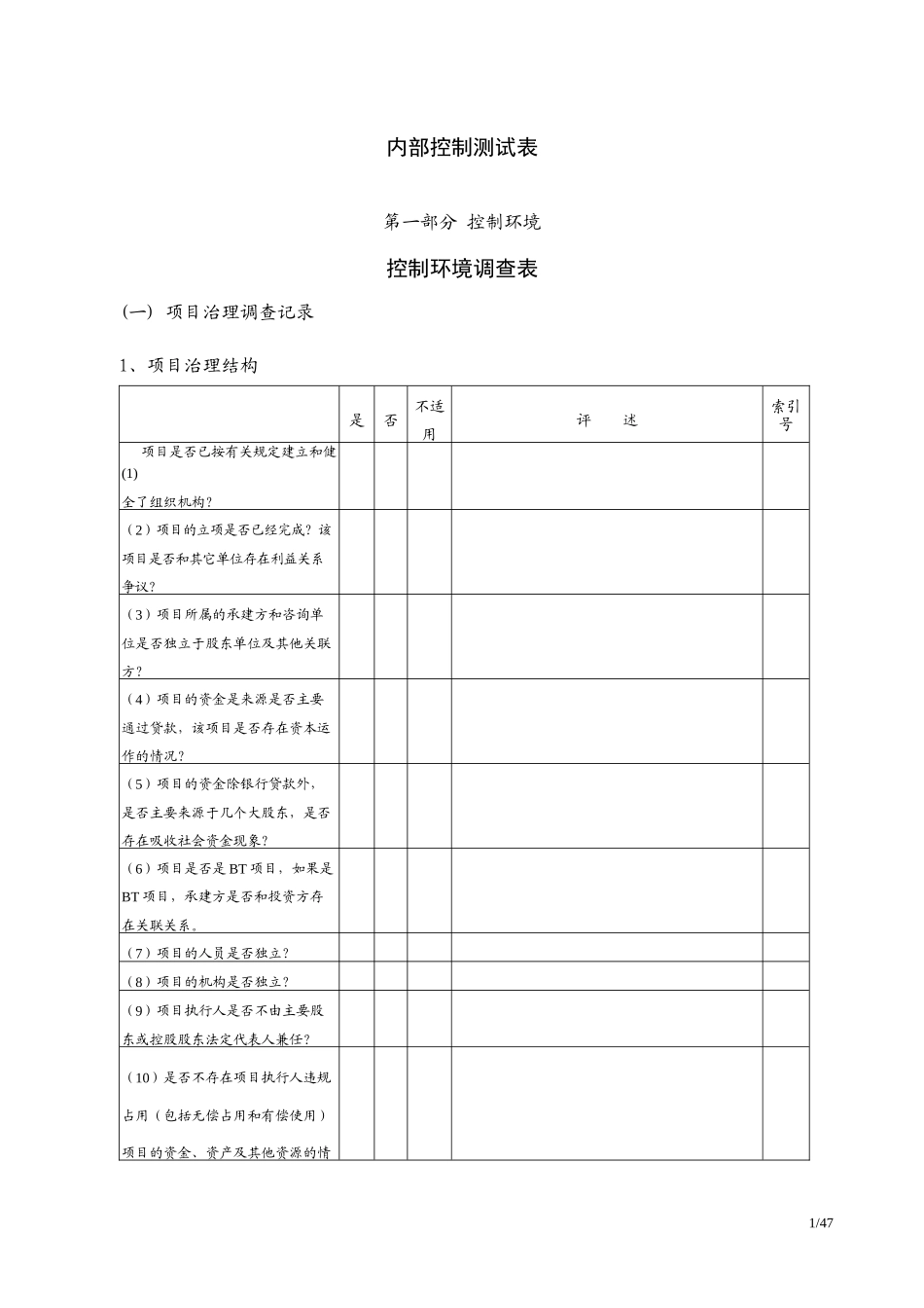 工程项目内部控制制度测试表_第1页