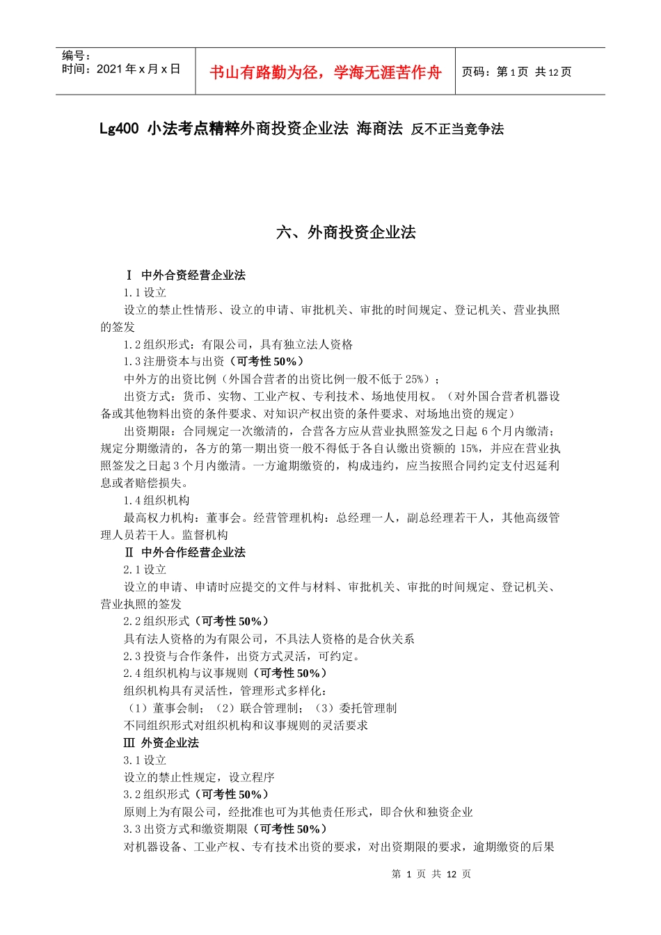 小法考点精粹外商投资企业法 海商法 反不正当竞争法_第1页