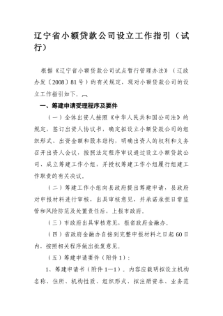 辽宁省小额贷款公司设立工作指引(试行)