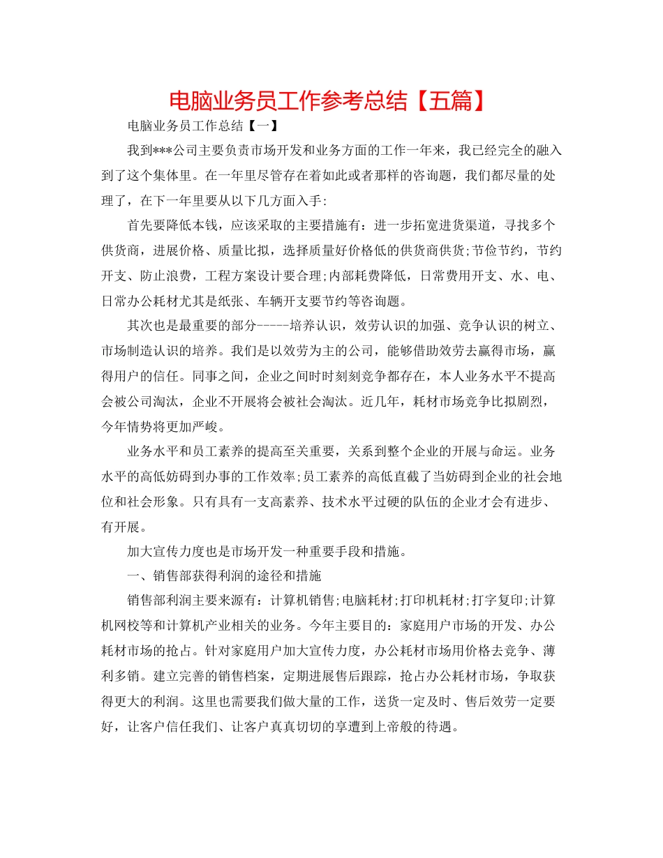 电脑业务员工作参考总结【五篇】_第1页