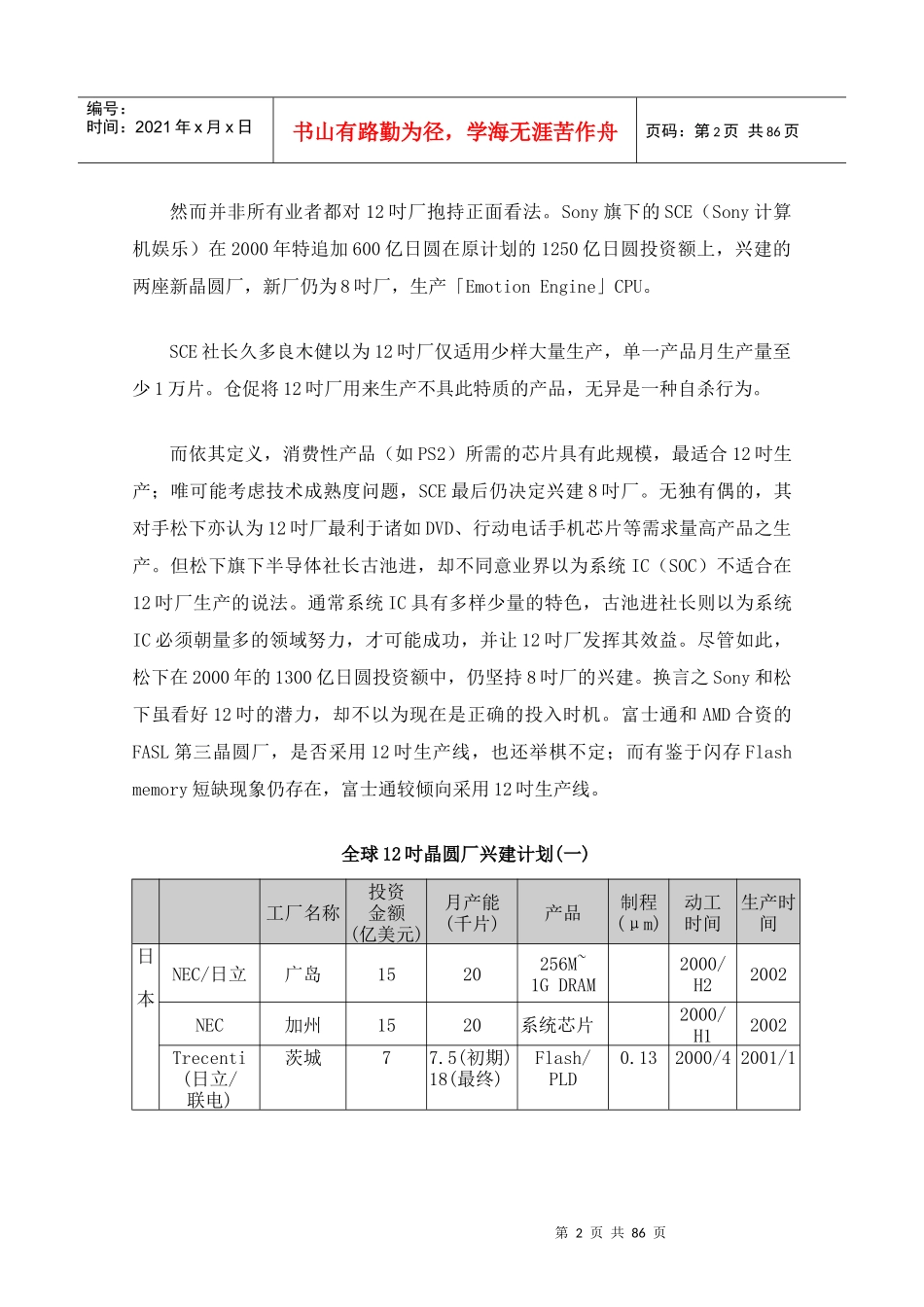 全球半导体产业发展现况--12吋晶圆厂投资现况与进入时机的探讨（DOC 89页）_第2页