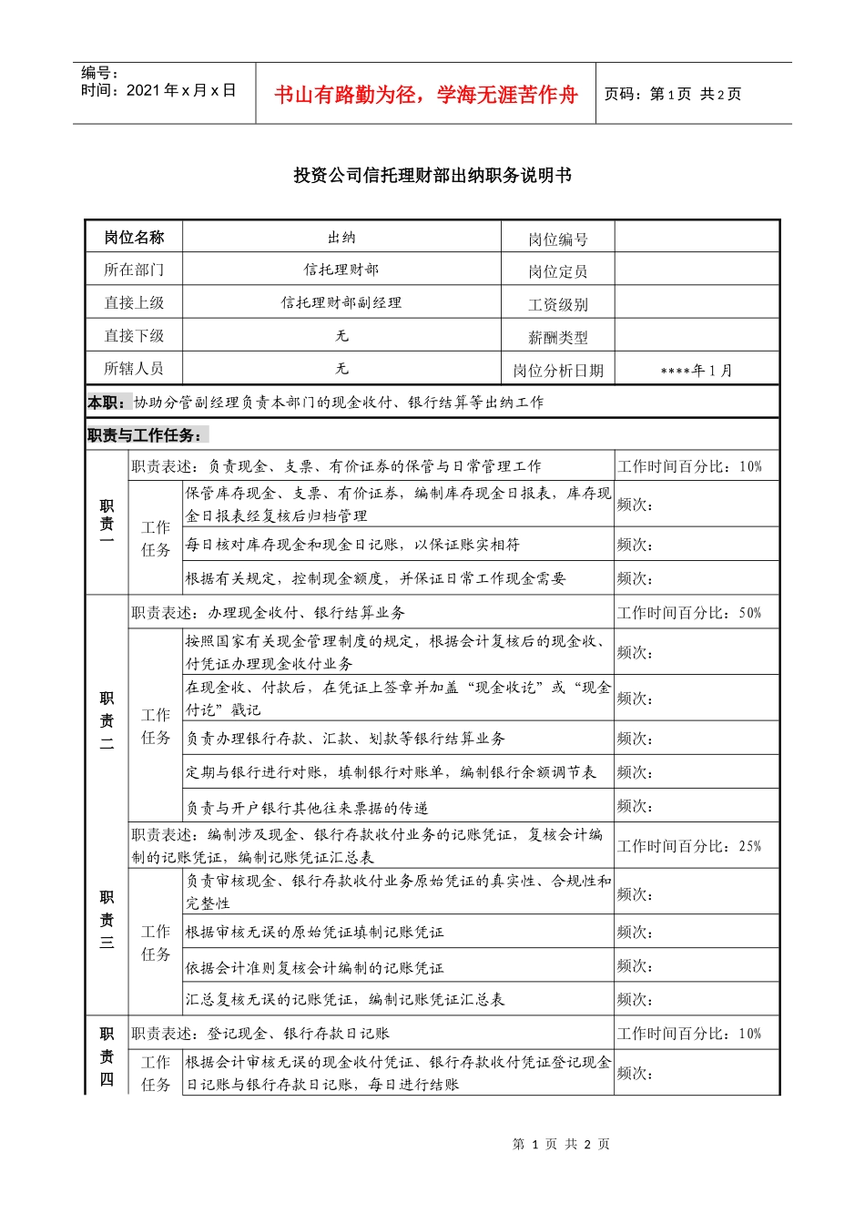 投资公司信托理财部出纳职务说明书_第1页