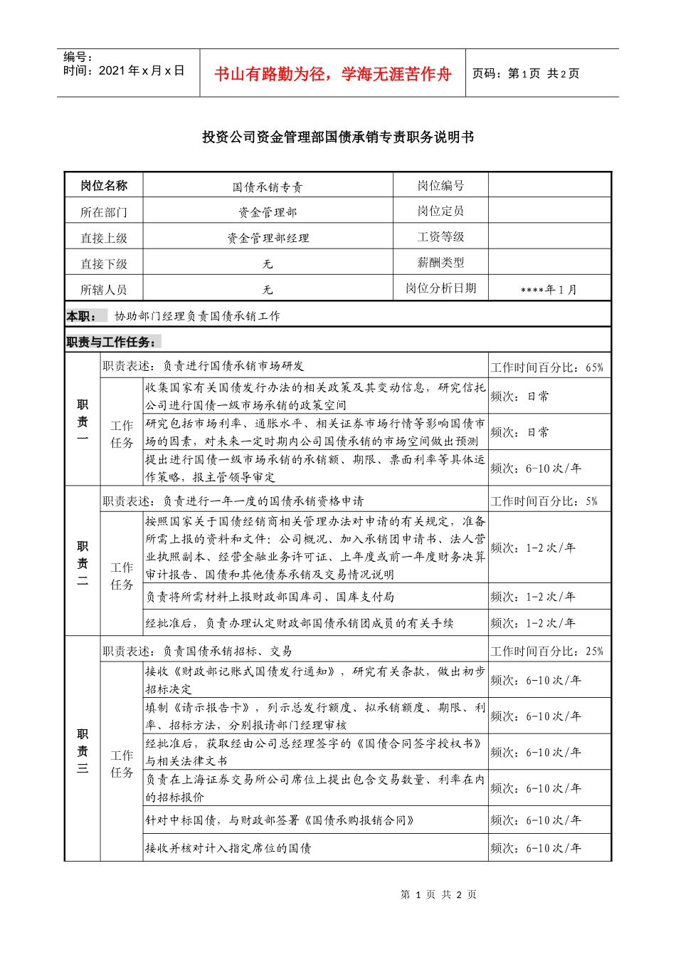 投资公司资金管理部国债承销专责职务说明书_第1页