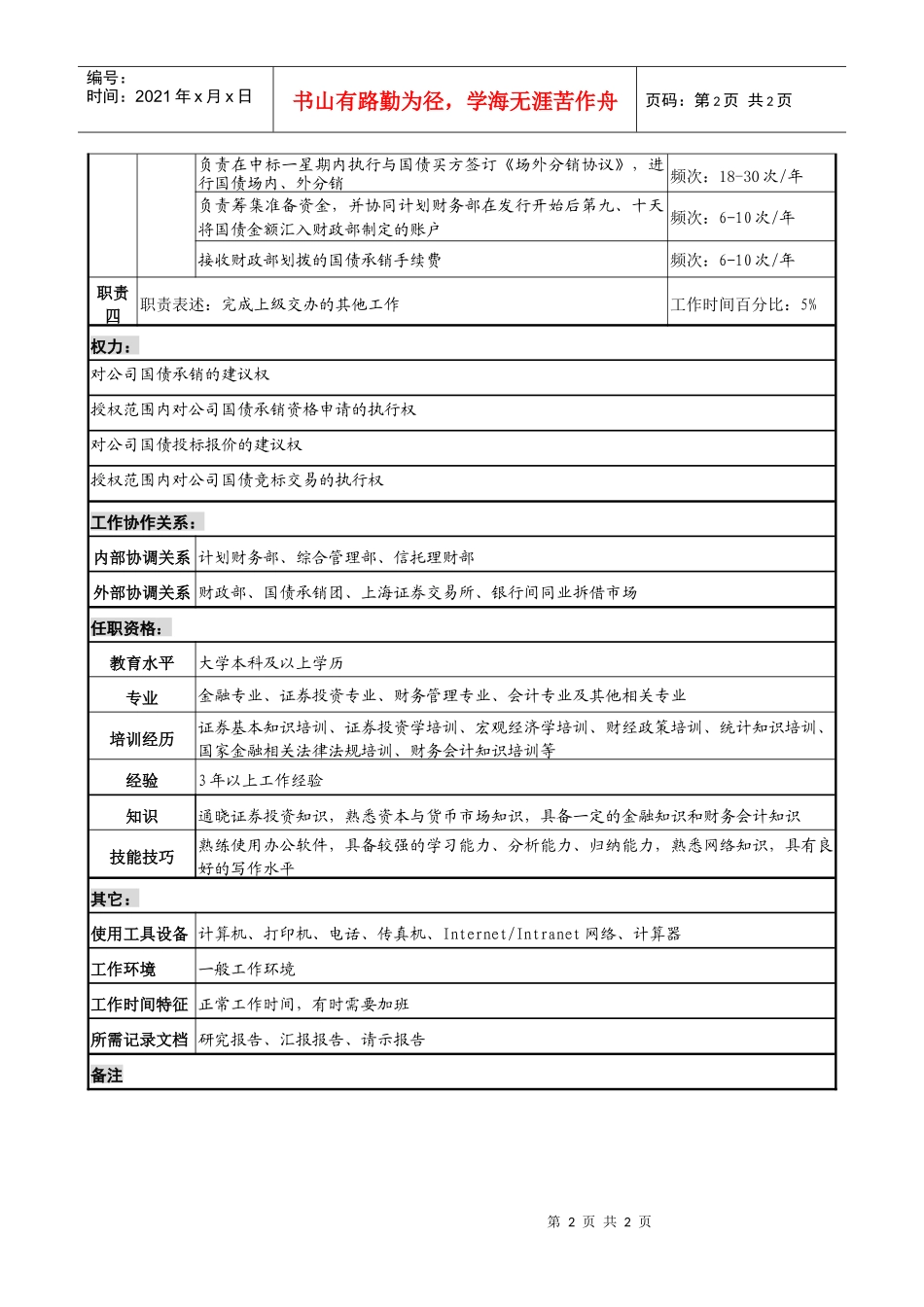 投资公司资金管理部国债承销专责职务说明书_第2页