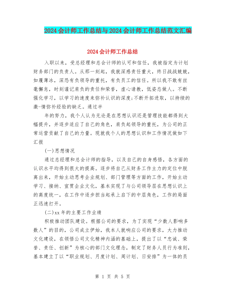 2024会计师工作总结与2024会计师工作总结范文汇编_第1页