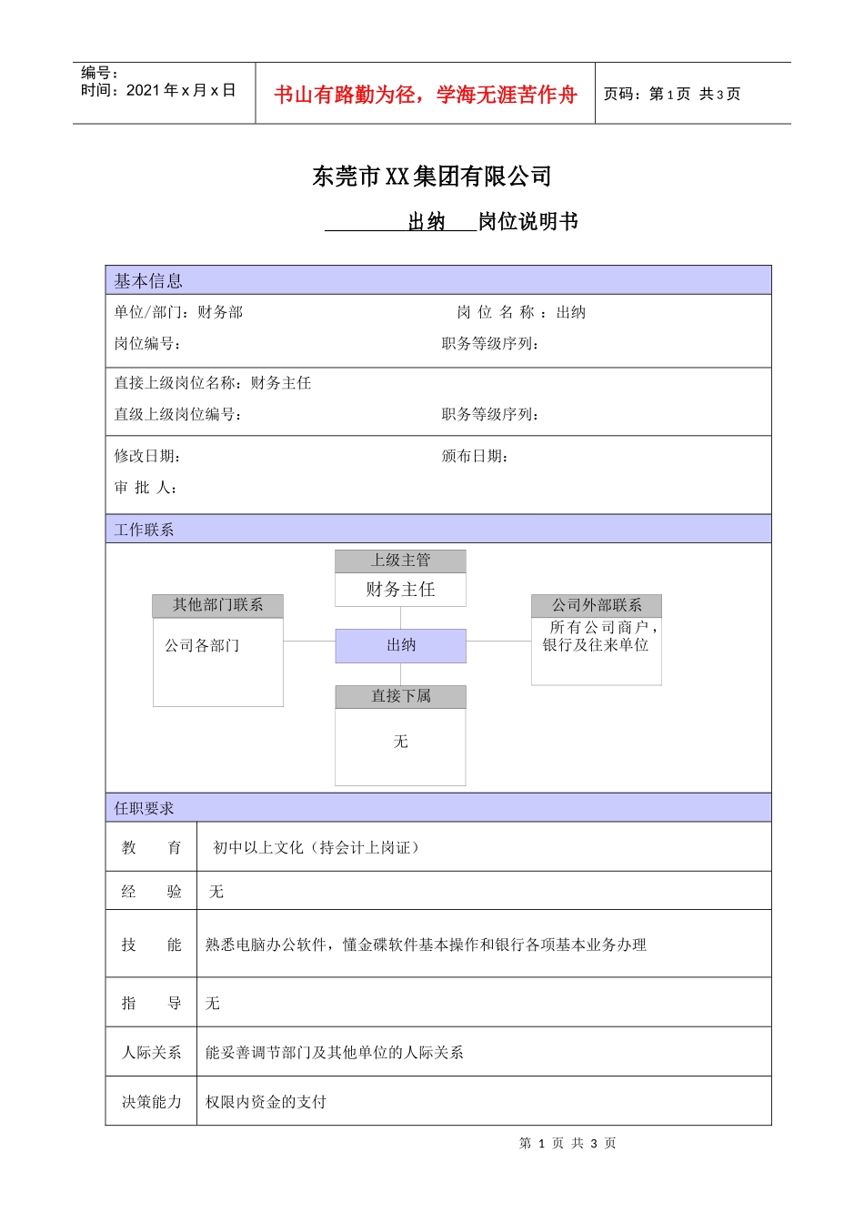 XX商场出纳职位说明书_第1页