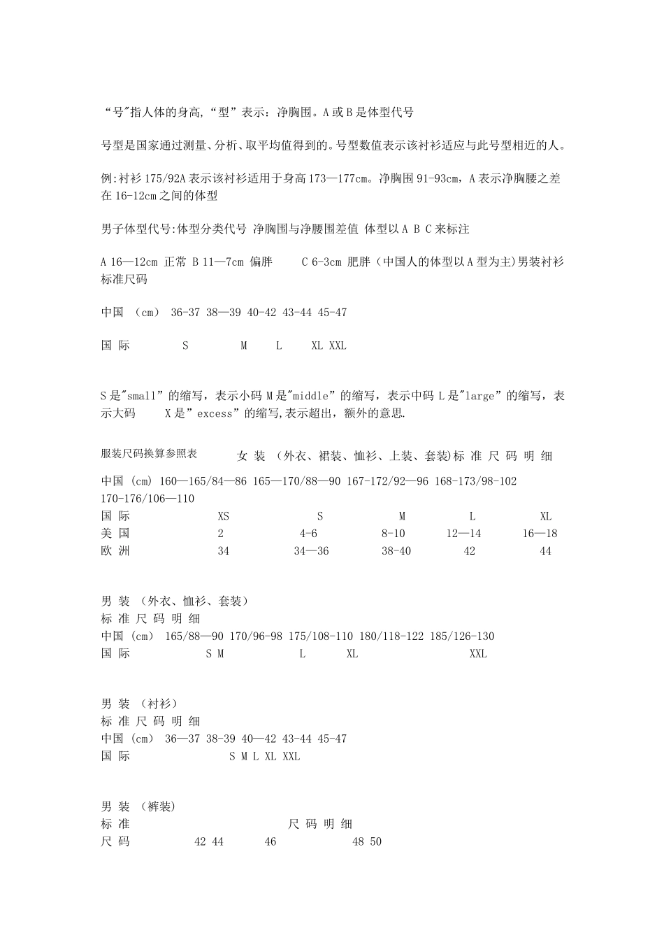 国际标准服装尺码对照表大全-实用衣服尺寸对照表_第3页
