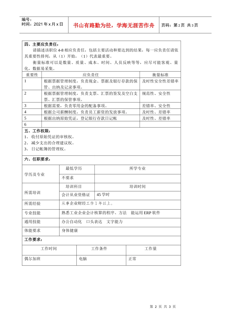 某大型汽车零部件公司财务部资金处理员职位说明书_第2页