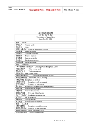 财务会计报表中英文对照