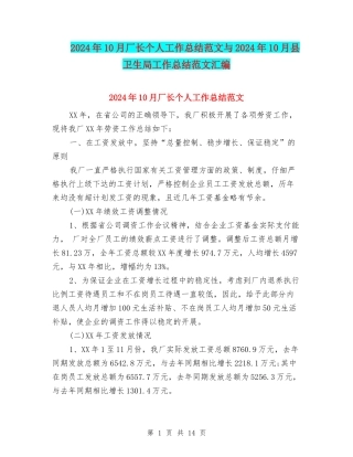 2024年10月厂长个人工作总结范文与2024年10月县卫生局工作总结范文汇编