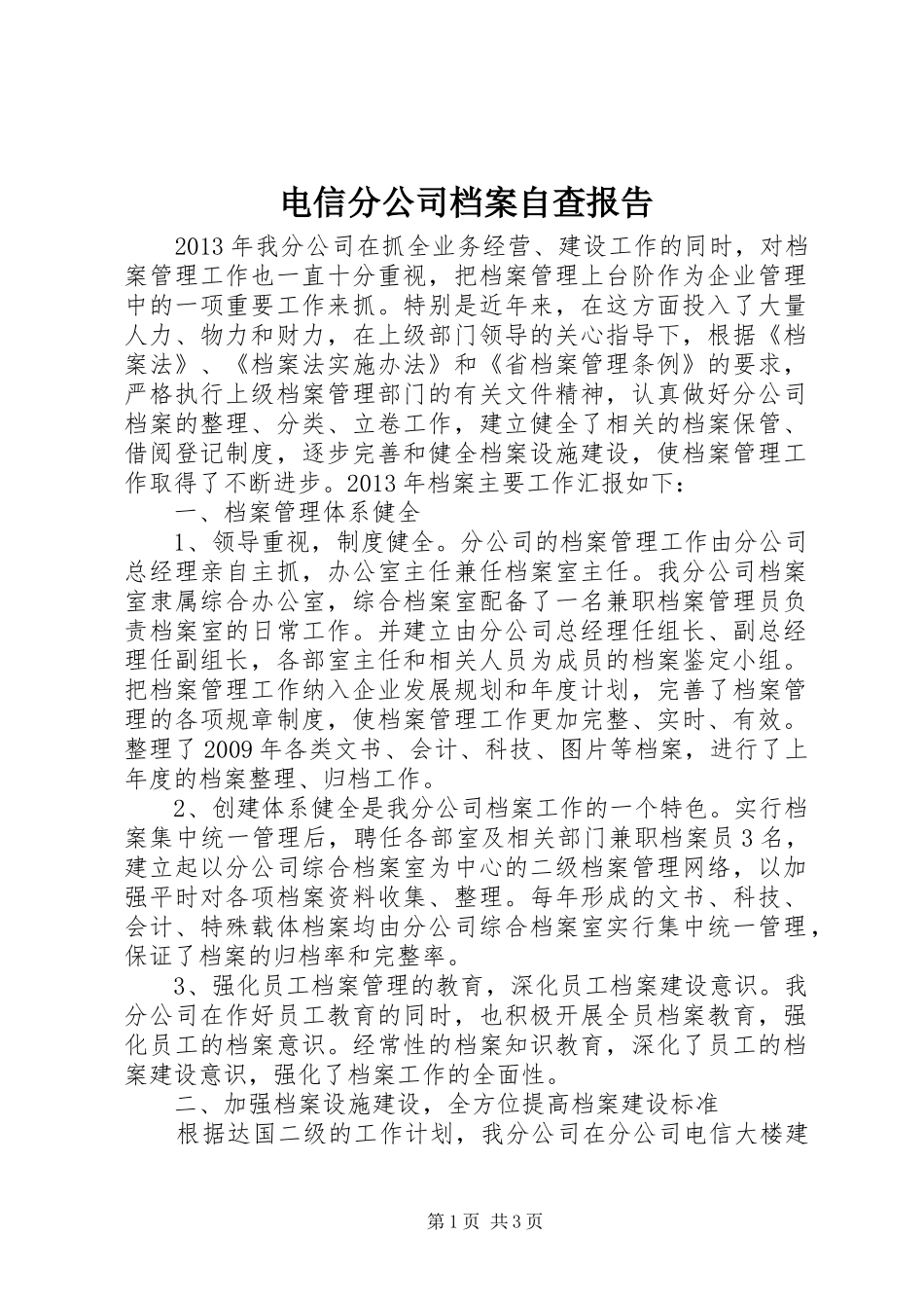 电信分公司档案自查报告_第1页