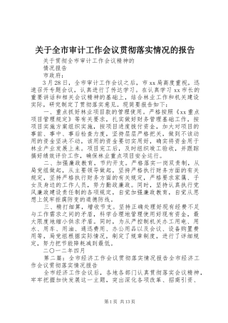 关于全市审计工作会议贯彻落实情况的报告