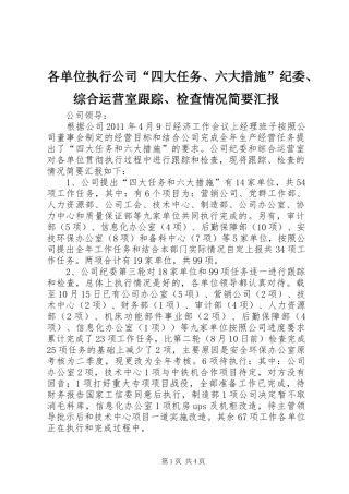 各单位执行公司“四大任务、六大措施”纪委、综合运营室跟踪、检查情况简要汇报