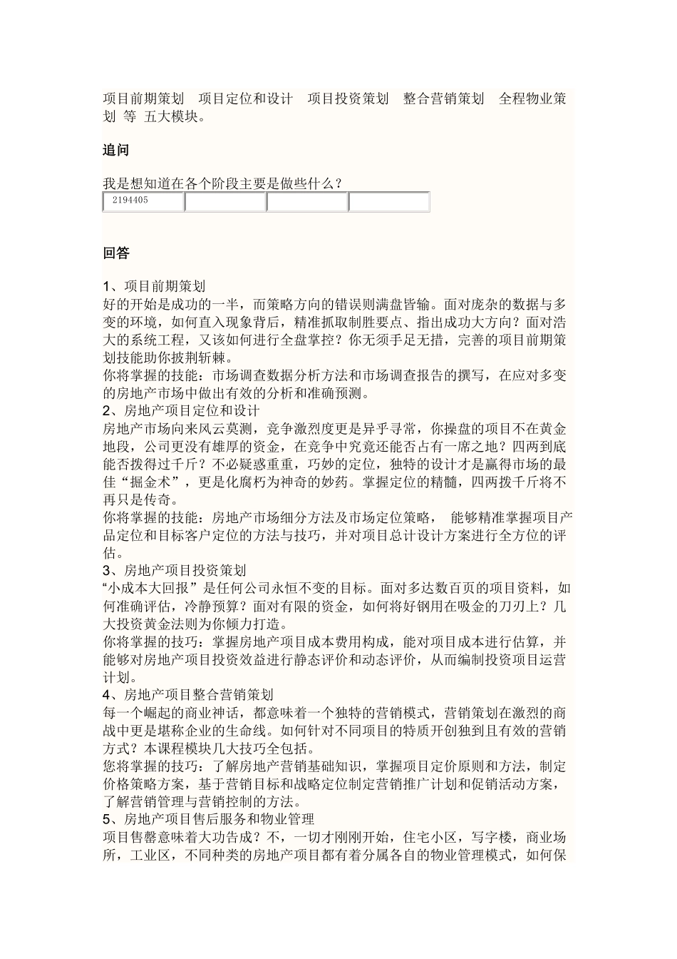 项目前期策划  项目定位和设计  项目投资策划  整合营销策划  全程物业策划 等 五大模块_第1页