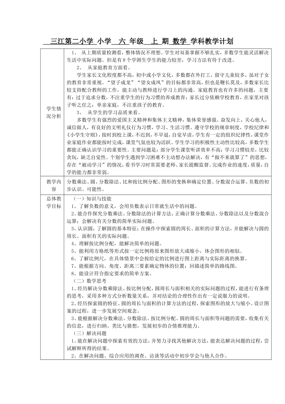 三江第二小学小学六年级上期数学学科教学计划_第1页