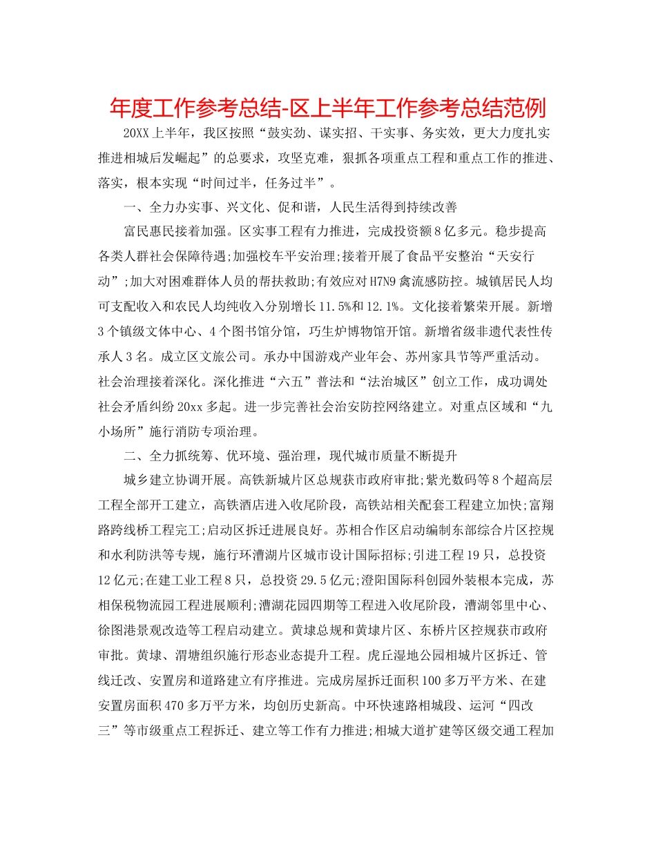 2021年度工作参考总结区上半年工作参考总结范例_第1页