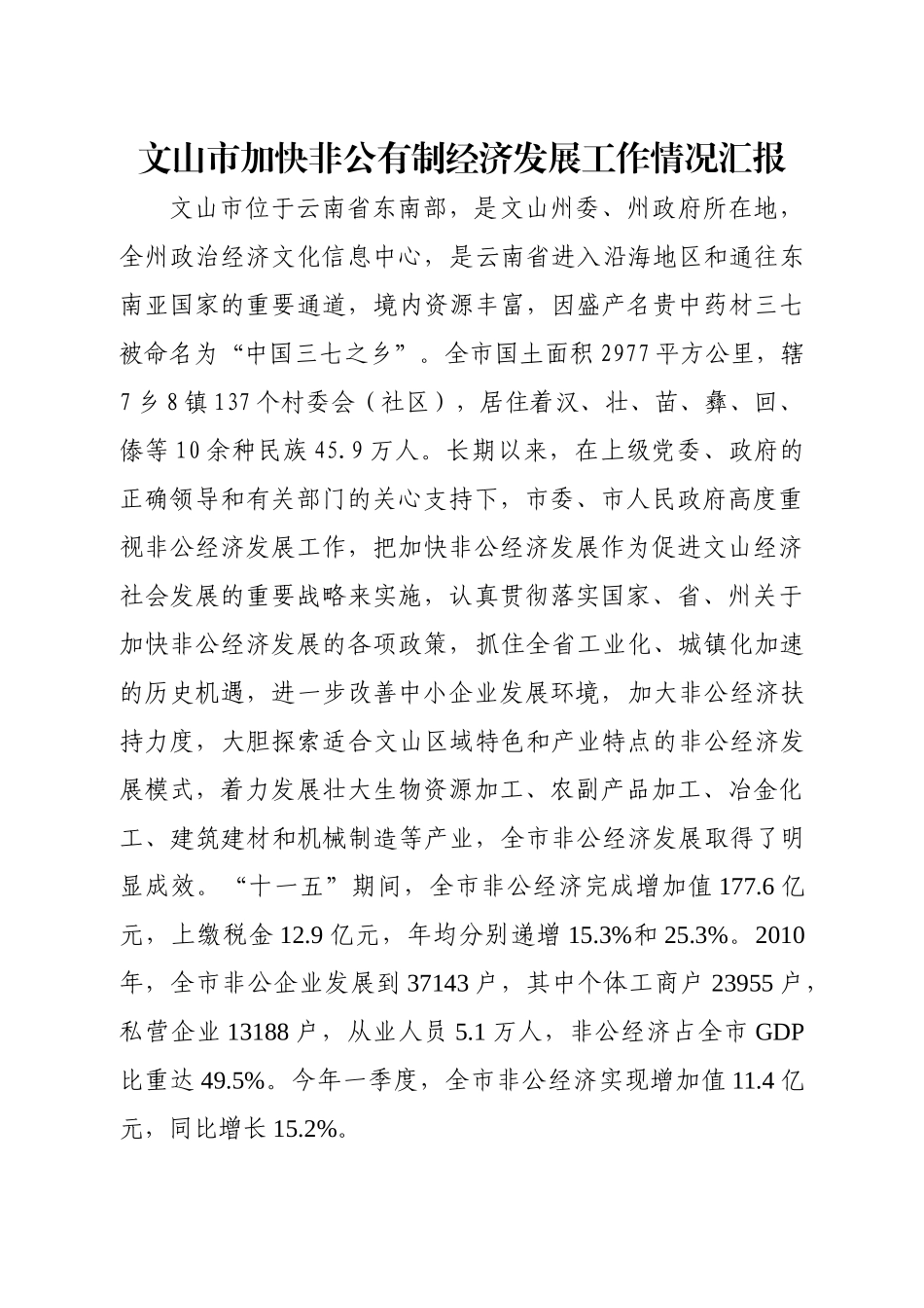 文山市加快非公有制经济发展工作情况汇报_第1页
