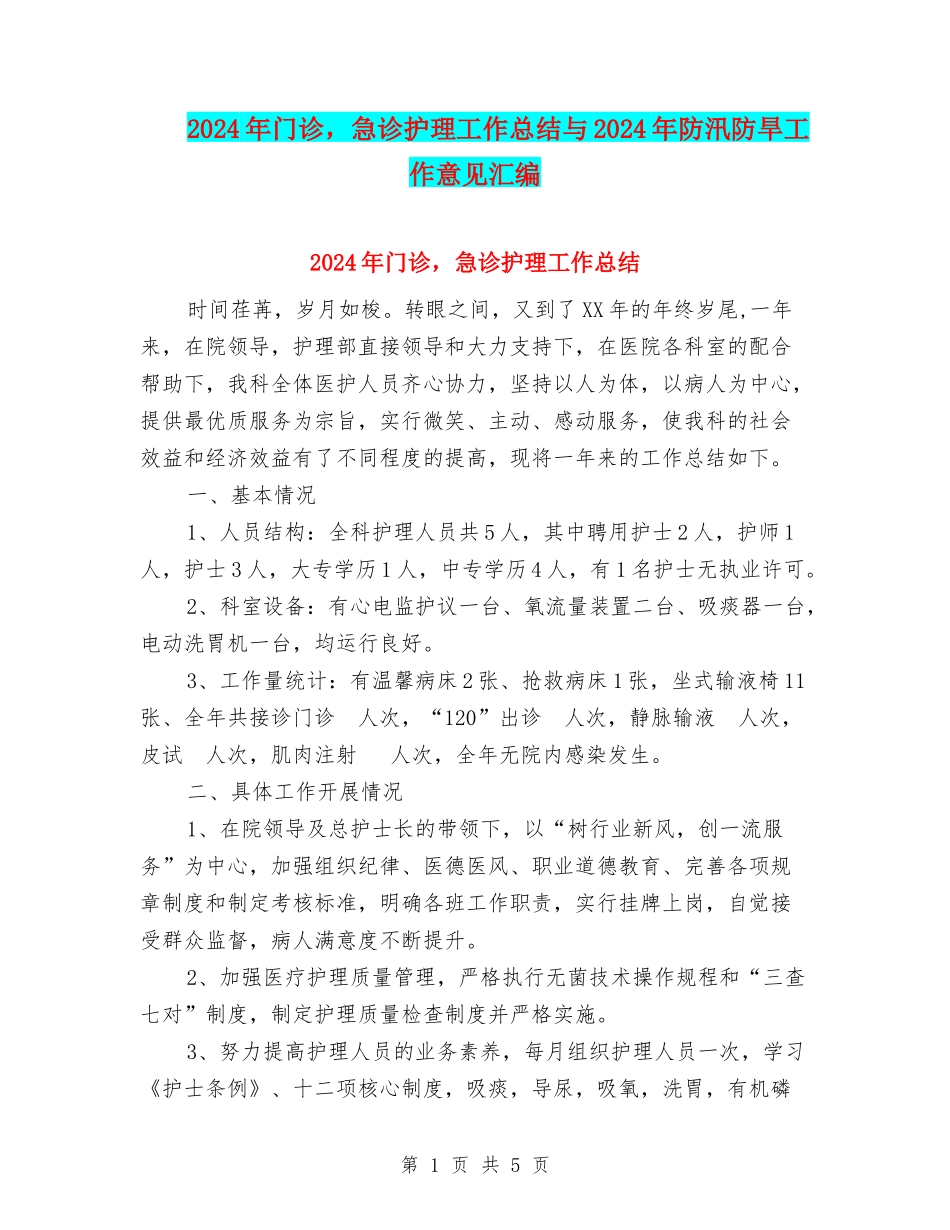 2024年门诊-急诊护理工作总结与2024年防汛防旱工作意见汇编_第1页