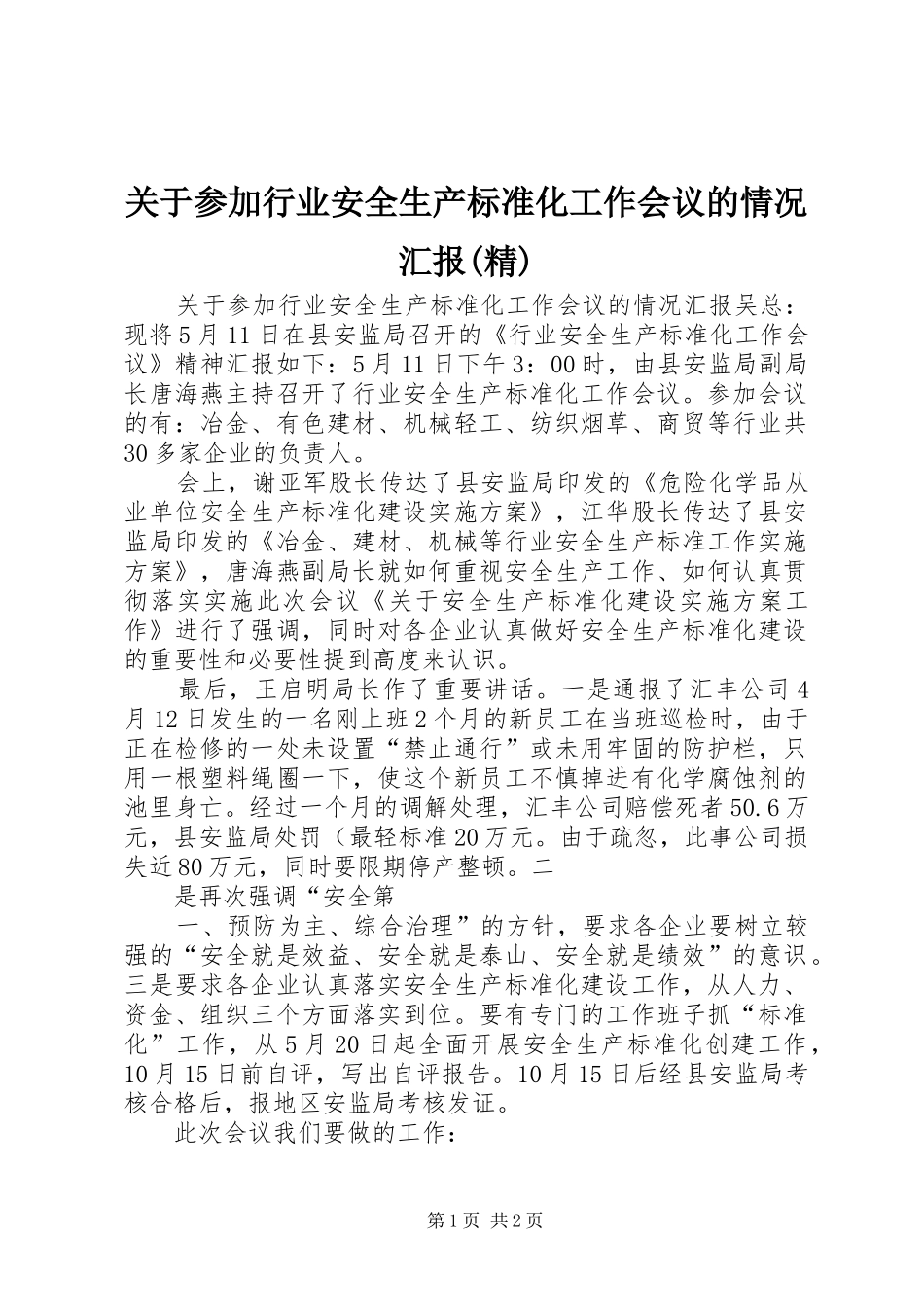 关于参加行业安全生产标准化工作会议的情况汇报(精)_第1页