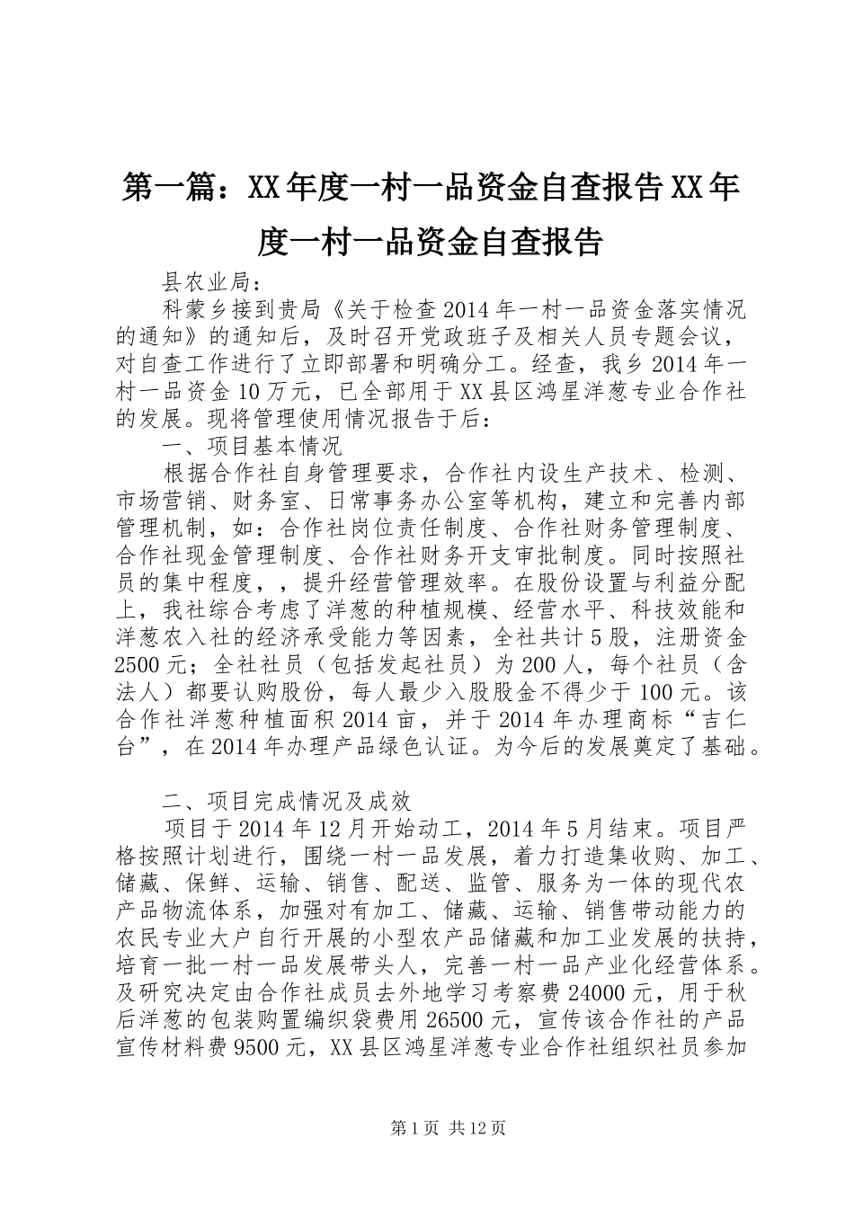 第一篇：XX年度一村一品资金自查报告XX年度一村一品资金自查报告_第1页