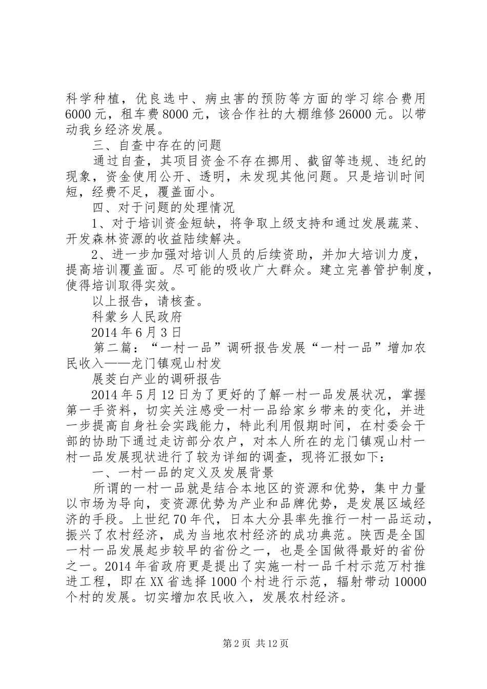 第一篇：XX年度一村一品资金自查报告XX年度一村一品资金自查报告_第2页