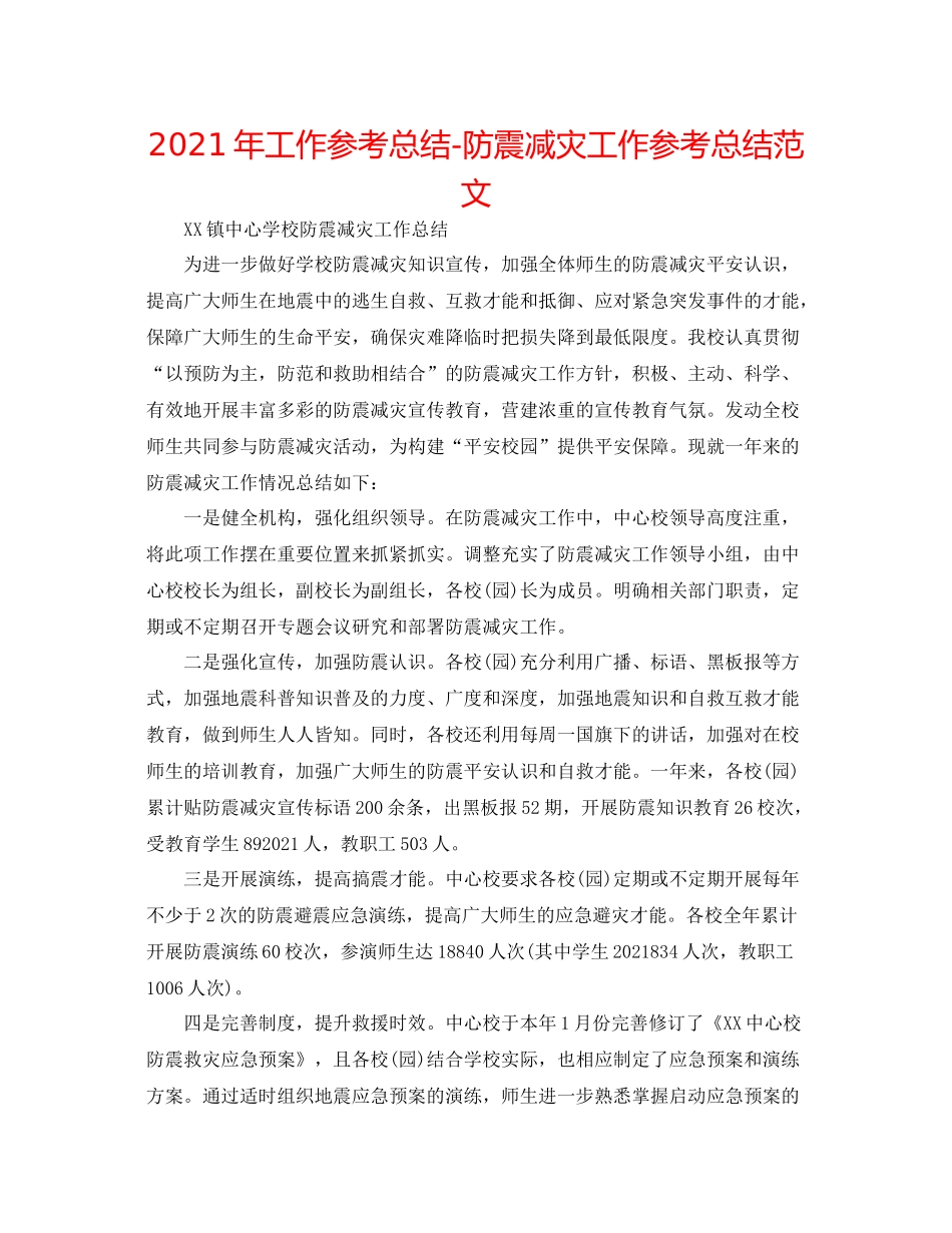 2021年工作参考总结防震减灾工作参考总结范文_第1页