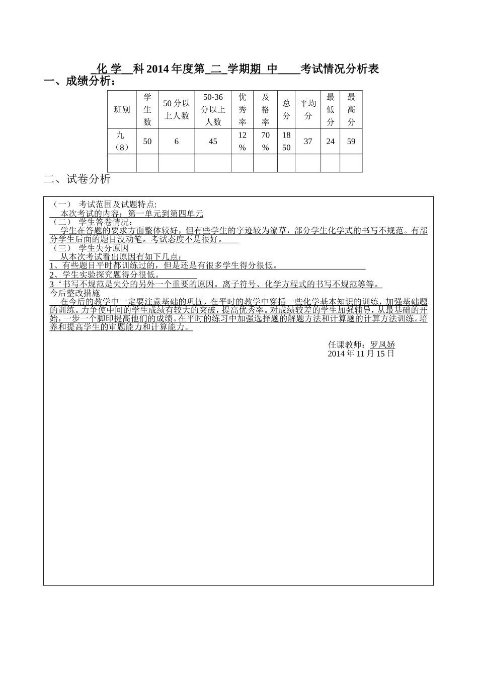 化学期中成绩分析表_第1页