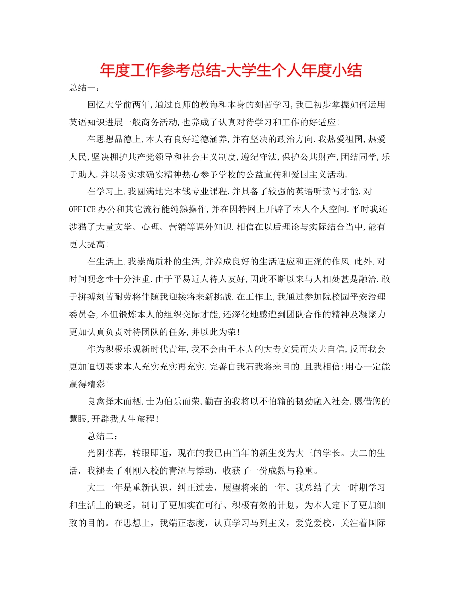 2021年度工作参考总结大学生个人年度小结_第1页