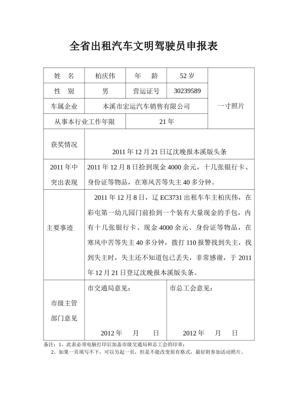 全省出租汽车文明驾驶员申报表_第2页
