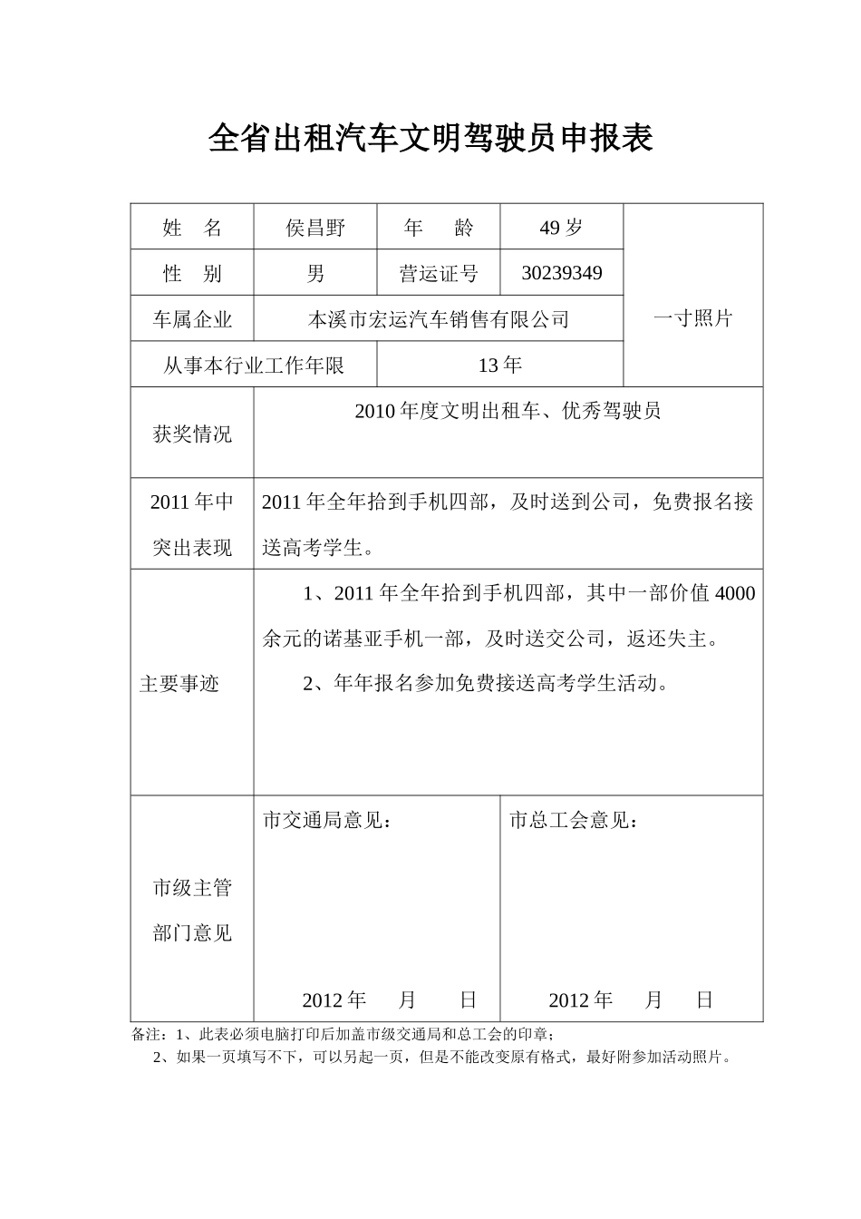 全省出租汽车文明驾驶员申报表_第3页