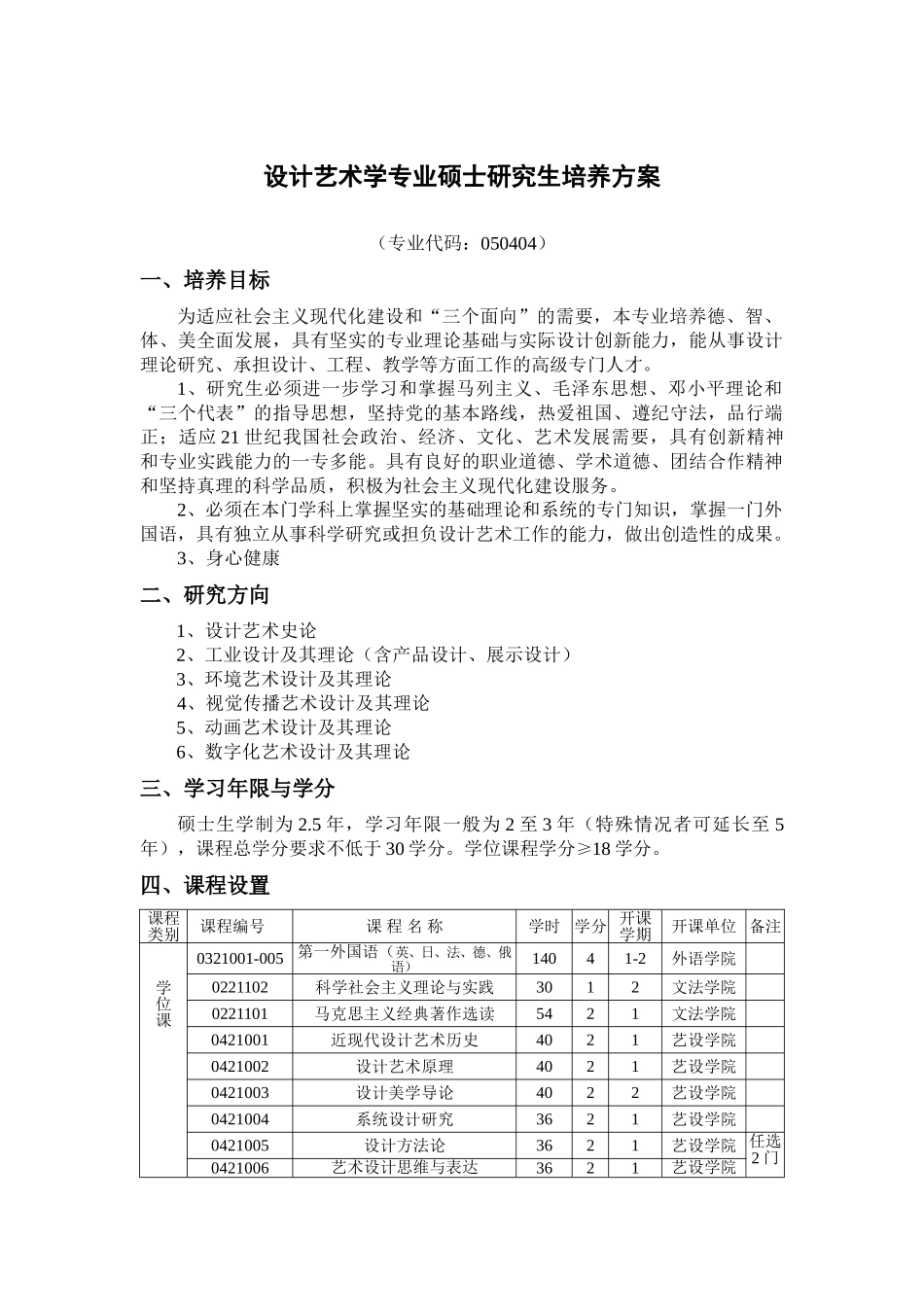 设计艺术学专业硕士研究生培养方案_第1页