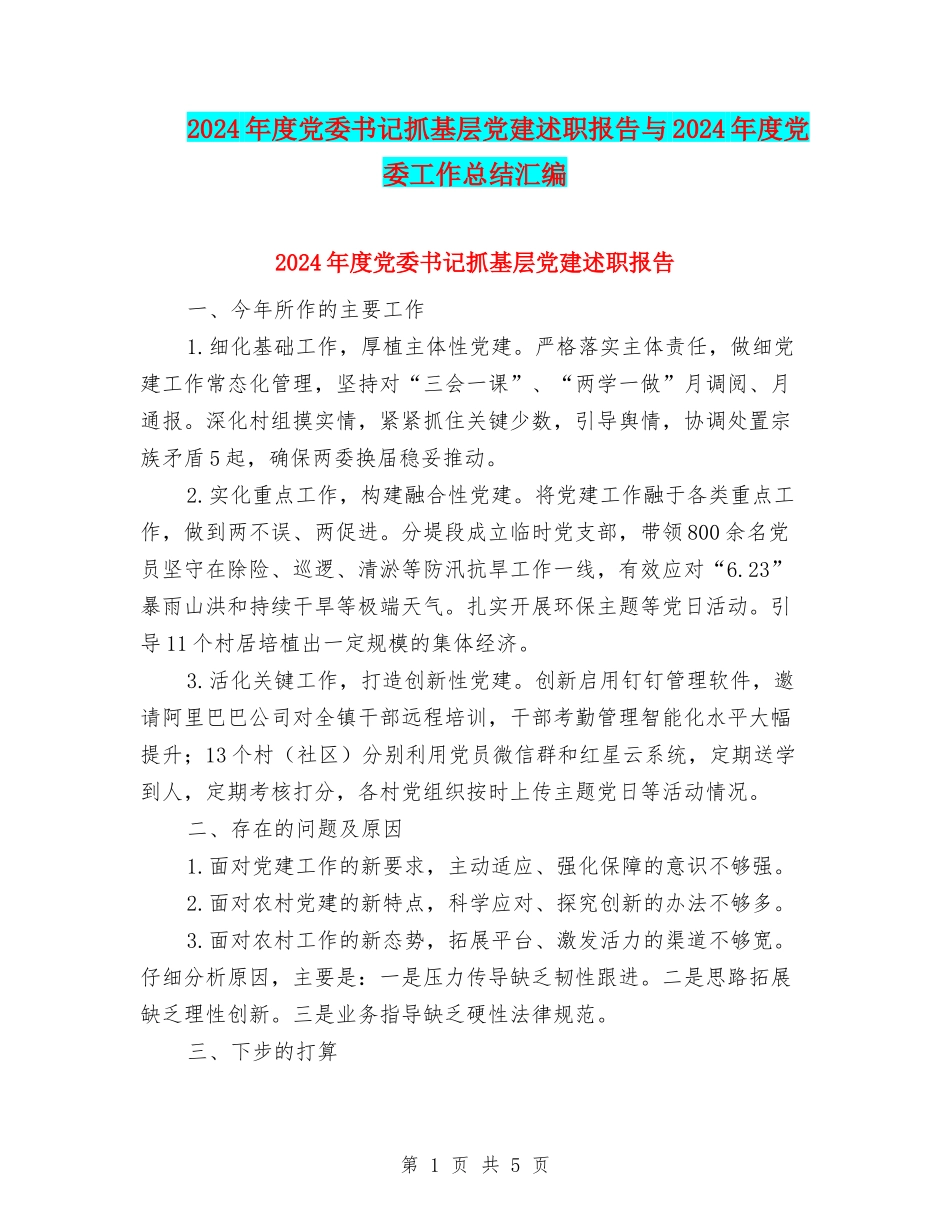 2024年度党委书记抓基层党建述职报告与2024年度党委工作总结汇编_第1页