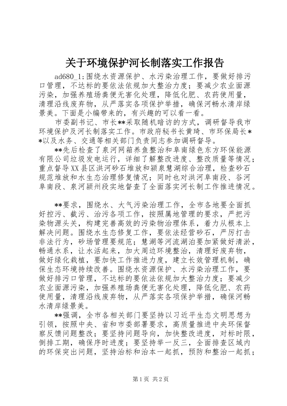 关于环境保护河长制落实工作报告_第1页