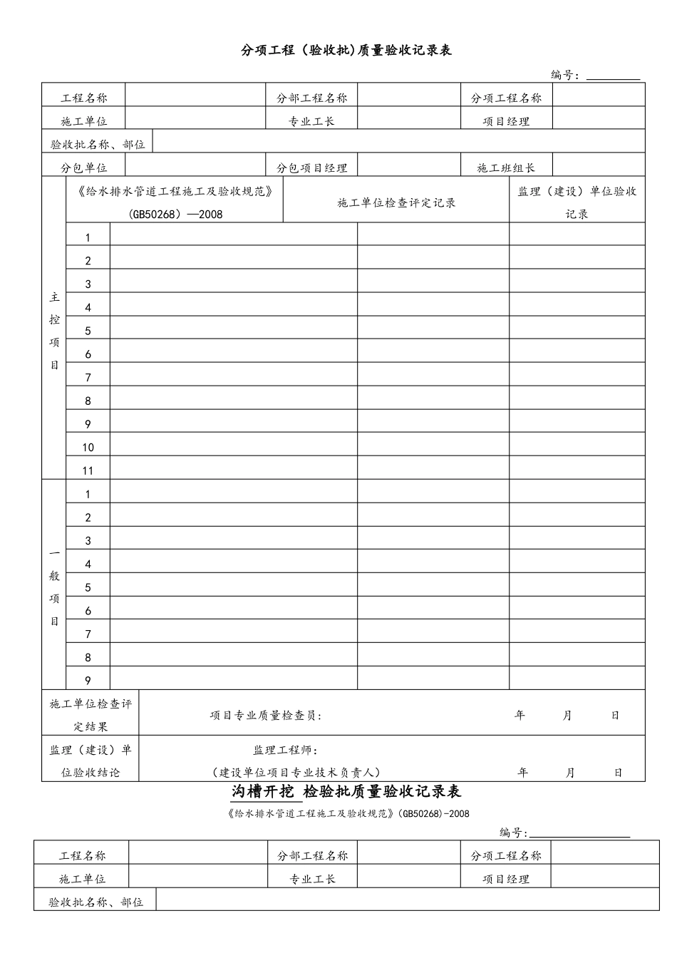 雨污水管道施工工序检验批验收记录表_第1页