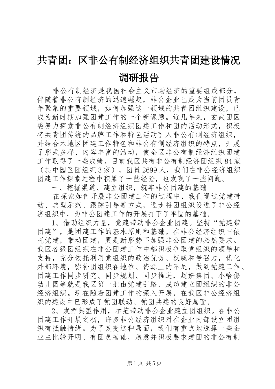 共青团：区非公有制经济组织共青团建设情况调研报告_第1页